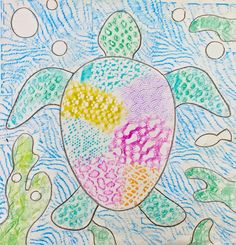 a drawing of a sea turtle with different colors on it's shell and hands