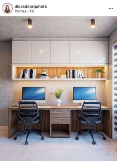 an office with two computers on the desk