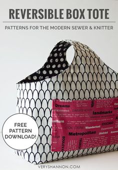 the reversible box tote pattern is shown in black and white with pink accents