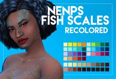 an image of a woman with fish scales on her face and body painted in various colors