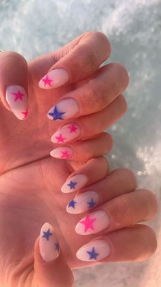 Rainbow Star Nails, Hot Pink Star Nails, Gel X Nail Inspo Almond, Dark Blue And Pink Nails, Pink And Navy Nails, Tv Girl Nails, Pink And Blue Nail Art, Pink And Blue Nails, Pink Tip Nails