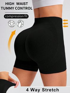 Seamless Highly Elastic Yoga Sports Shorts Black    Fabric Plain Seamless High Stretch  Women Activewear, size features are:Bust: ,Length: ,Sleeve Length: Stand Collar Top, Sports Shorts Women, Shein Outfits, Spandex Shorts, Sports Shorts, Girls Denim, Knitting Girls, Inspiration Mode, Wide Leg Denim