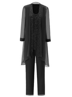 Long Sleeves Chiffon Mother of the Bride Dress Pant Suits | Cicinia Elegant Black Georgette Set, Sheer Georgette Party Set, Fitted Chiffon Evening Sets, Chiffon Long Sleeve Party Sets, Chiffon Long Sleeve Sets For Party, Formal Sheer Chiffon Sets, Chiffon Party Set With Long Sleeves, Sheer Georgette Sets For Formal Occasions, Elegant Black Chiffon Set