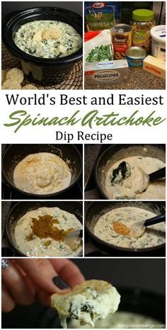 spinach artichoke dip recipe in a skillet with the words world's best and easy spinach artichoke dip recipe