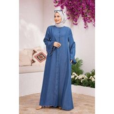 Buttoned Front with Long Sleeves Detailed Blue Abaya. Spring Blue Long Sleeve Abaya, Casual Long Sleeve Abaya For Eid, Casual Long Blue Abaya, Blue Long Sleeve Thobe For Spring, Blue Abaya, Ribbed Jacket, Sleeve Detail, Quilted Jacket, Modest Outfits