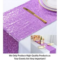 purple sequin table runner with gold plate and wine glass on it for an event