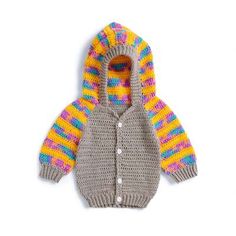 a knitted sweater with colorful stripes on the sleeves and hood is shown in front of a white background