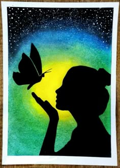 a painting of a girl with a butterfly on her hand and the sky in the background