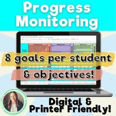 a laptop computer sitting on top of a desk with the words progress monitoring and goal per student