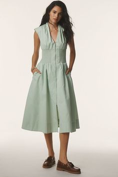 The Tommie Cap-Sleeve Smocked Front-Zip Shirt Dress Green Dress, Cap Sleeves, Smocking, Midi Skirt, Anthropologie, Zip Ups, Shirt Dress, Dresses