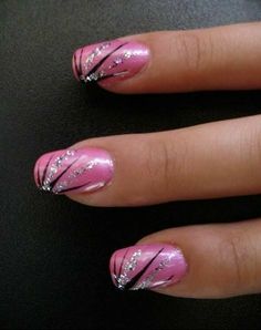 Nail Designs With Rhinestones Simple, Nail Art September, Pink And Purple Gel Nail Designs, Most Beautiful Nails, Hot Pink And Silver Nail Designs, Fuschia And Silver Nails, Purple And Silver Swirl Nails, Bright Pink And Silver Glitter Nails, Purple And Pink Nails