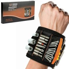 a man's arm with an assortment of screws in it and a box on the side