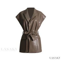 Lasaky - Classically Stylish Retro Collared Vest with Waist Tie and Layered Long Hem - An Elegant Statement Piece Long Waistcoat, Faux Leather Vest, Athleisure Dress, Gilet Long, Casual Outerwear, Cardigan Outfits, Style Cardigan, Pocket Top, Leather Pattern