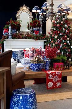 a living room filled with lots of christmas decorations