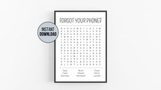 a printable word search is shown with the text forgot your phone? instant downloaded