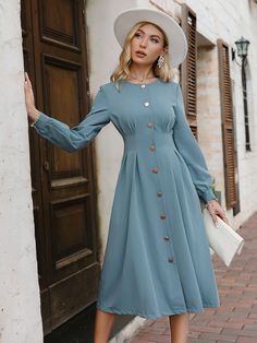 Blue Midi Dresses, Dresses Office, Dress Autumn, Dress Silhouette, Button Dress, Blue Midi Dress, Embroidery Dress, Long Sleeve Midi Dress, Office Lady