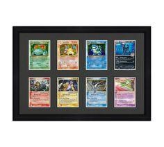 the pokemon trading card collection is displayed in a black frame