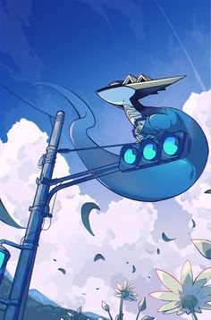 a cartoon character flying through the air on top of a blue object with green eyes