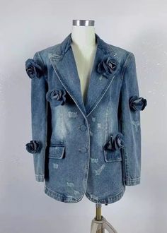 Turn heads with our 3D Roses Decor Denim Blazer. Made with stunning 3D rose embellishments, this blazer adds a touch of glamour and texture to any outfit. Perfect for a night out or casual occasion, this blazer is sure to make a statement. Expertly crafted with quality denim for a stylish and sophisticated look. Material: Cotton Luxury Vintage Blue Blazer, Lady Sings The Blues, 3d Rose, Denim Blazer, Collar Jacket, Denim Coat, Casual Denim, Sweater Coats, Quality Fashion