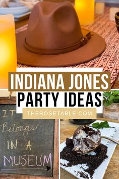 indiana jones party ideas including cake, ice cream and desserts with candles on the table