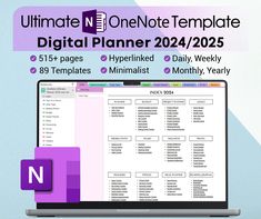 a laptop computer sitting on top of a desk next to a monitor with the text ultimate one note template