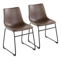 two brown leather chairs with metal legs