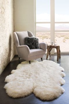 a living room filled with furniture and a white rug