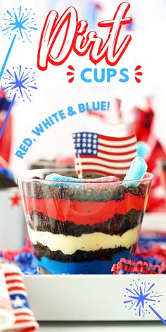 patriotic dessert with red, white and blue frosting in a glass bowl on a table