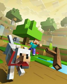 an image of a dog running in the middle of a minecraft video game scene