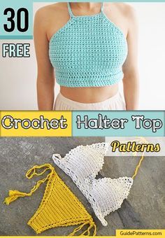 the crochet halter top pattern is shown in three different colors and sizes