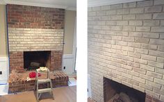 two pictures of a brick fireplace being painted