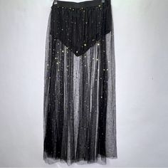 New Size Xl Black Tule With Gold Stars Maxi Skirt Perfect For Festivals Long Star Skirts, Floor Length Black Tulle Skirt, Plus Size Tassel Skirt, Galaxy Tulle Skirt, Black Lace Tulle Skirt, Black Maxi Glitter Skirt, Sparkle Skirt Long, Tulle Skirt Stars, Festival Maxi Skirt