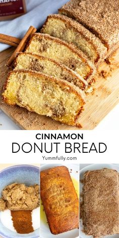 cinnamon donut bread is cut into slices and served on a plate with cinnamon butter