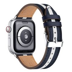 an apple watch with a brown leather band and silver buckle on the front of it