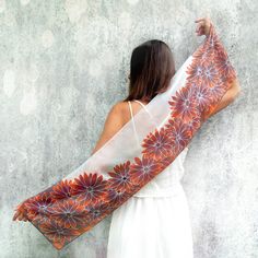 Coneflowers scarf is hand painted on pure silk. Size: 49 by 11 inches (128 by 28 centimeters) Silk: pure Habotai Light, semi transparent and delicate This brown and orange scarf is hand painted which means that the design is visible on both sides. The scarf is soft and toned color set makes it a great retirement gift or anniversary gift. The coneflowers (or black-eyed Susan, what a lovely name! are beautiful American flowers. I've hand painted this scarf with special silk paints, making it suita Fabric Paint Diy, 4th Wedding Anniversary, Hand Painted Scarves, Orange Scarf, Painted Scarf, Spring Scarves, Flower Scarf, Purple Scarves, Silk Scarf Painting