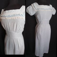 "This breezy cotton maxi dress is an easy option for long summer days & will keep you cool on hot summer nights. The darling country style frock is a light blue & white plaid with square neckline, puff sleeves and a ruffle & lace trimmed collar. Although technically a nightgown, it can easily be worn anytime of day (a slip maybe needed). Label: KICKAWAY (Label is still attached but hardly visible- I was able to decipher the name by photographing & adjusting the contrast) FEATURES -light weight c 1950s Vintage Summer Dress With Ruffles, 1950s Vintage Ruffled Dress For Summer, 1950s Style Vintage Ruffled Dress For Summer, Retro Cotton Vintage Dress For Picnic, 1950s Style Cotton Vintage Dress For Summer, Summer Vintage Dress With Square Neck For Daywear, Summer Vintage Square Neck Dress For Daywear, Summer Square Neck Vintage Dress For Daywear, Summer Cotton Prairie Dress With Short Sleeves