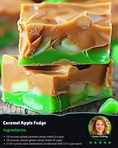 two pieces of caramel apple fudge are stacked on top of each other