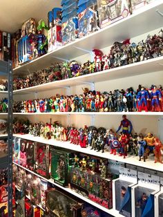 shelves filled with different types of action figures