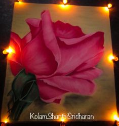 a painting of a pink rose with lights around it