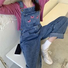 Butterfly Embroidery Retro Denim Jumpsuits – Tomscloth Casual Pink Cotton Denim Jumpsuit, Casual Cotton Embroidered Overalls, Casual Embroidered Cotton Overalls, Casual Pink Denim Jumpsuit With Pockets, Spring Embroidered Cotton Overalls, Artsy Outfits Aesthetic, Vintage Grunge Aesthetic Outfits, Retro Aesthetic Fashion, Cute Dungarees