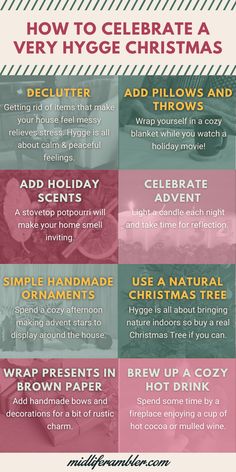 a poster showing how to celebrate a very hygge christmas and other holiday treats