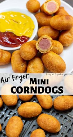 air fryer mini corn dogs with ketchup and mustard