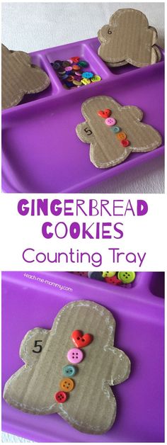 two trays filled with cookies and buttons on top of purple trays that have the words, gingerbread cookies counting tray