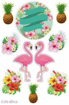 some pink flamingos and pineapples with flowers