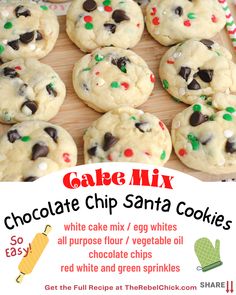 chocolate chip santa cookies on a cutting board with text overlay that reads cake mix