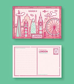 a pink london postcard with an image of the london skyline and ferris wheel on it