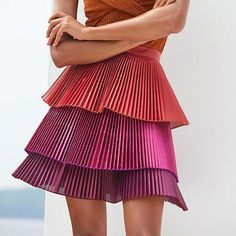 Gorgeous Skirt By Delfi Collective, New With Tags, Never Worn!! From Their Collaboration With Anthropologie. Size Small. Tiered, Pleated Skirt In Shades Of Coral, Pink, And Purple. Back Zip. Made In Usa. Approximate Dimensions, Taken Flat: Waist 13.75"; Overall Length 19". Excellent, New Condition, No Flaws To Report. Delphos Gown, Burgundy Midi Skirt, Mariano Fortuny, Skirt Tiered, Pleated Skirt Outfit, Purple Coral, Tiered Mini Skirt, High Fashion Outfits, Anthropologie Skirt