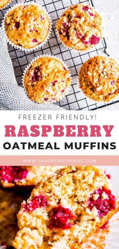 raspberry oatmeal muffins on a cooling rack with text overlay