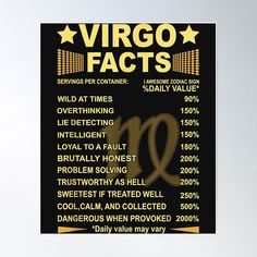 the virgo fact poster is displayed in black and gold