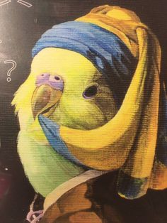 a painting of a yellow bird with a blue hat on it's head is shown